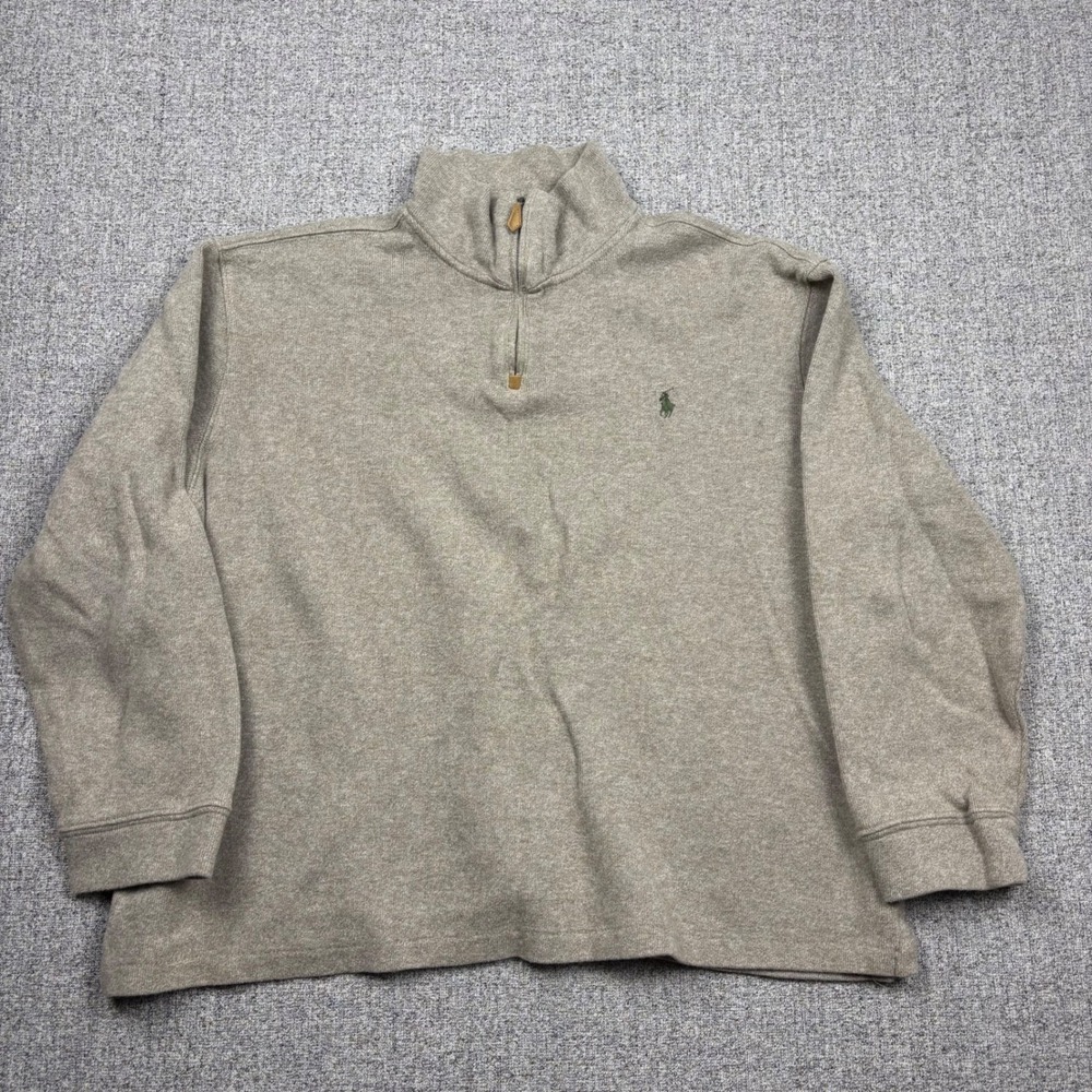 Polo Ralph Lauren Mens XL Quarter Zip Pullover Sweater Tan Cotton Heather Short